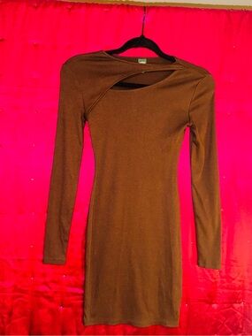👑 Size XXSmall Asymmetrical wild fable Brown Long-Sleeve Cutout Bodycon Dress